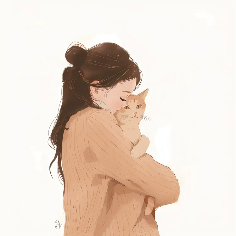 Girl Hugging Her Cat