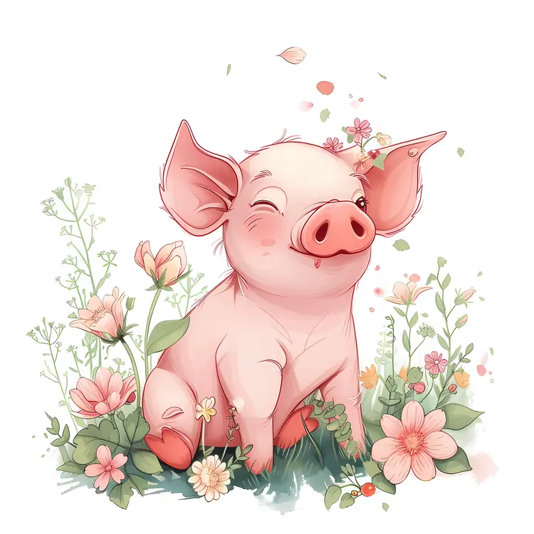 Winking Piglet with Floral Background