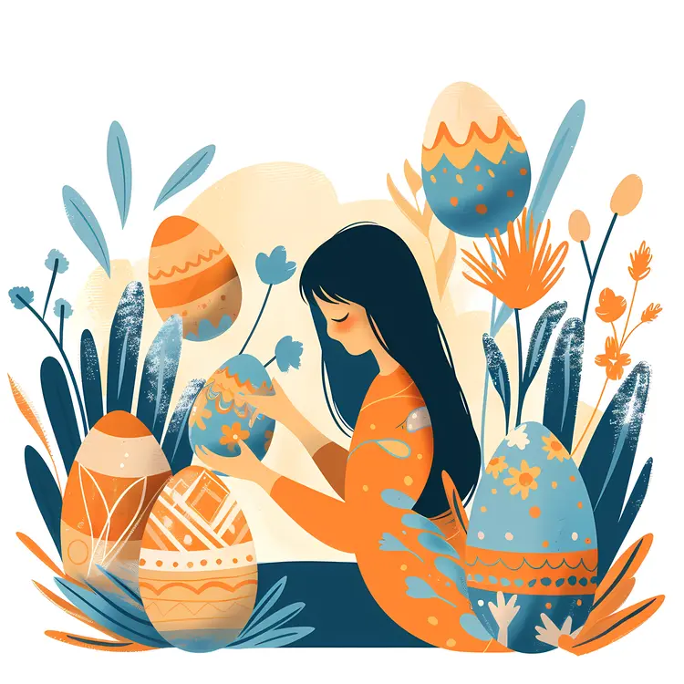 Woman Arranging Decorated Eggs for Easter