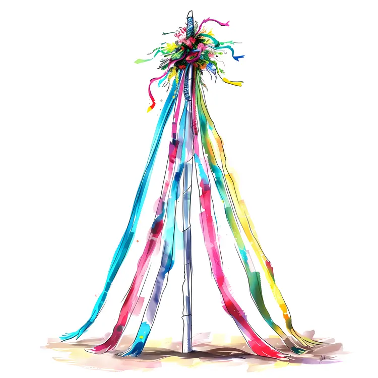 Colorful Ribbons on Decorative Pole for May Day Celebration