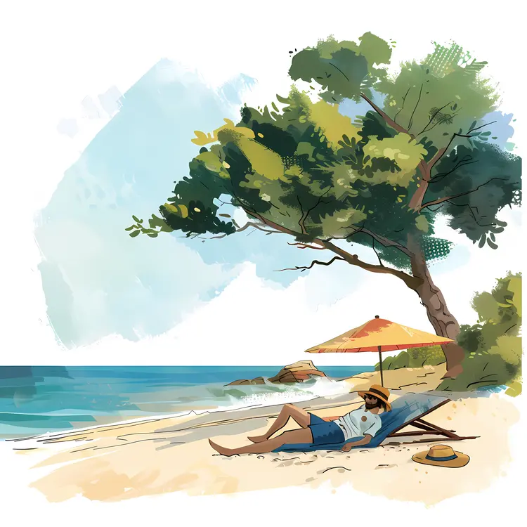 Person Relaxing on Beach Under Tree