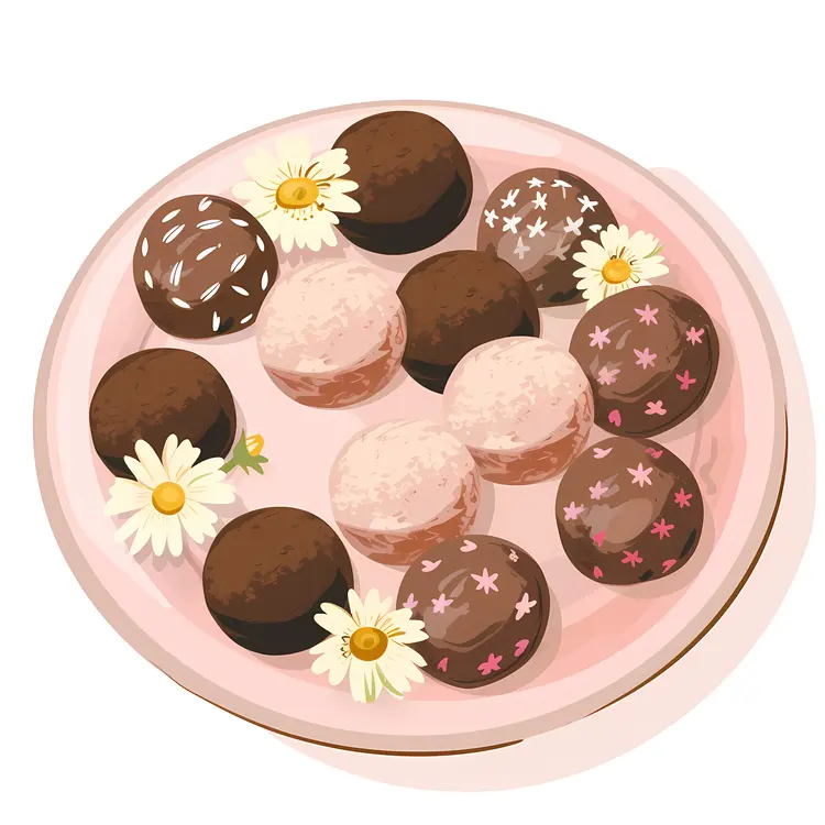 Decorated Brown and White Balls on a Plate with Flowers