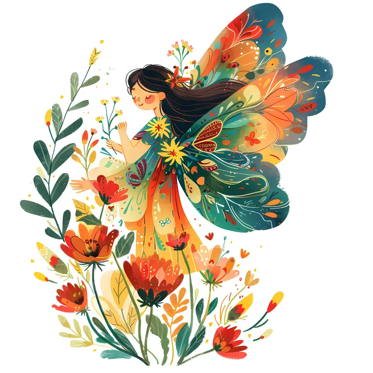 Colorful Fairy with Flowers and Wings
