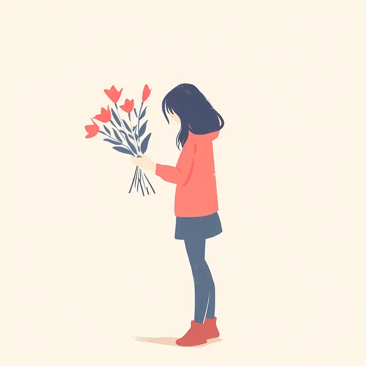 Minimalist Girl Holding Flowers in Red Illustration