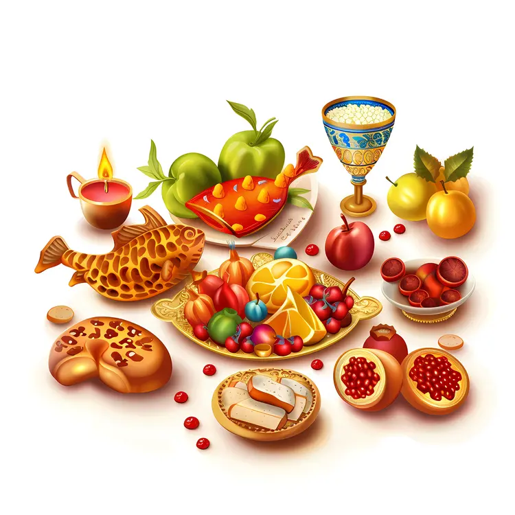 Festive Food Spread with Fruits and Fish