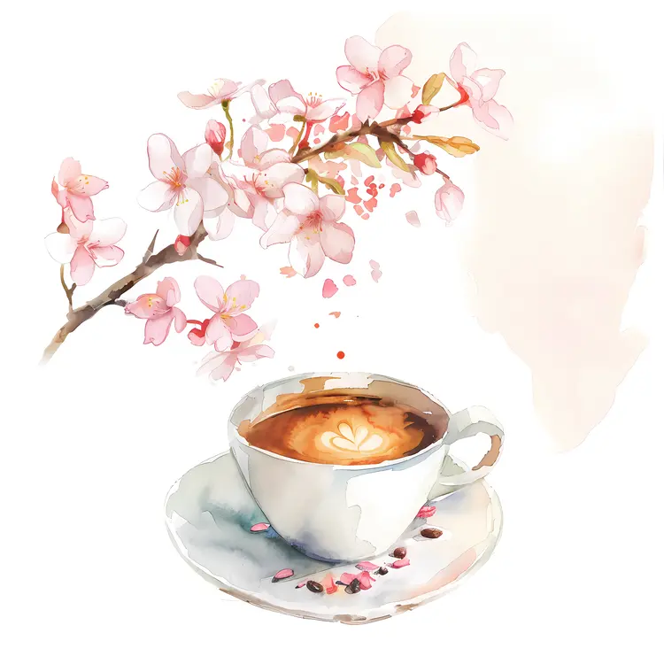 Coffee cup with cherry blossoms illustration