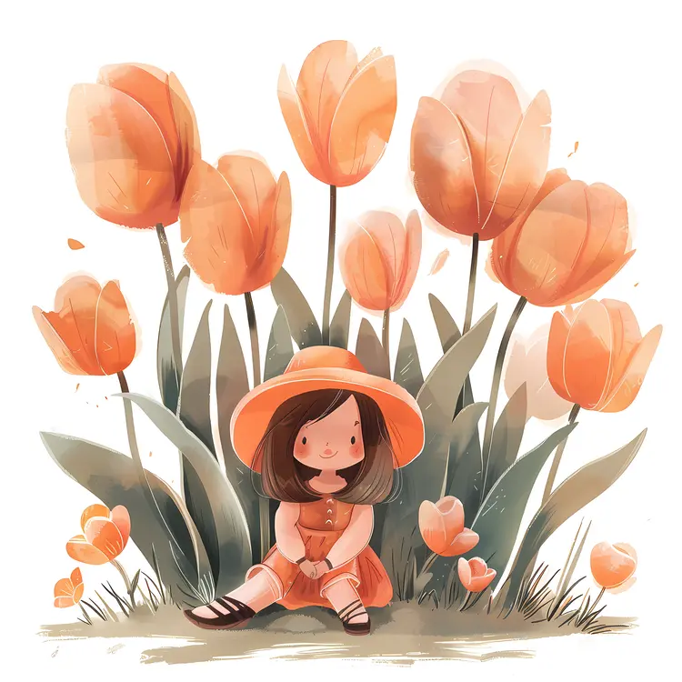 Girl with Hat Sitting Among Tulips