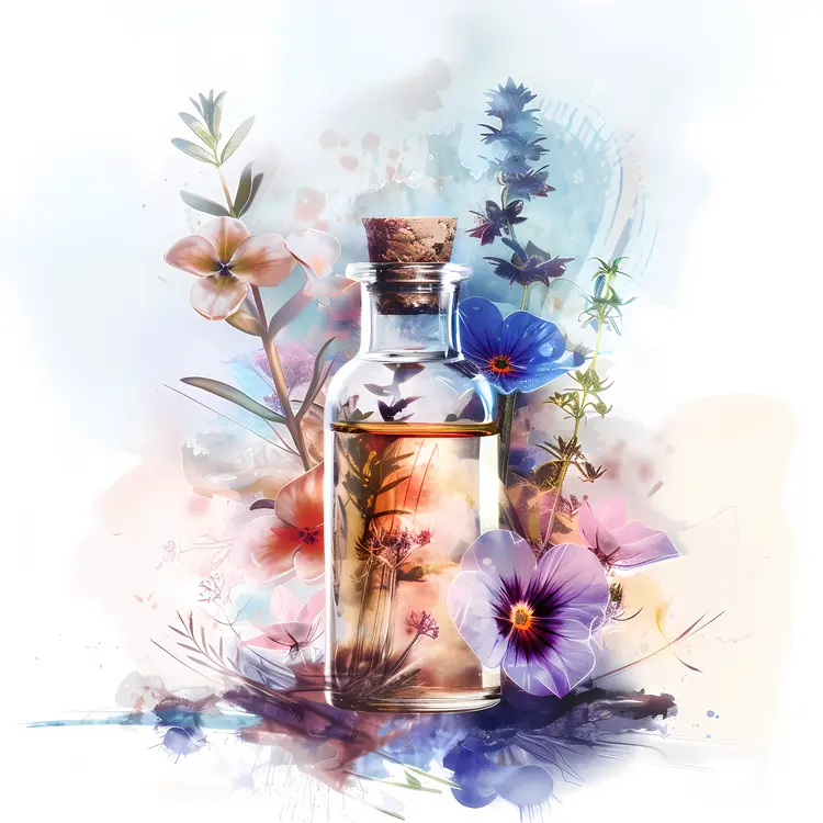 Essential Oil Bottle with Artistic Floral Background