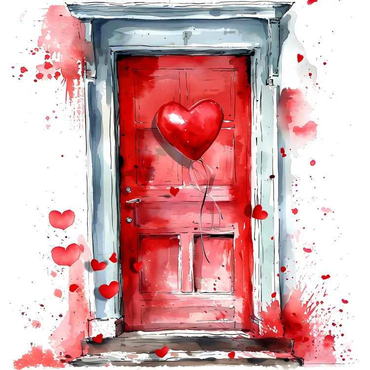 Watercolor Red Door with Heart Balloon