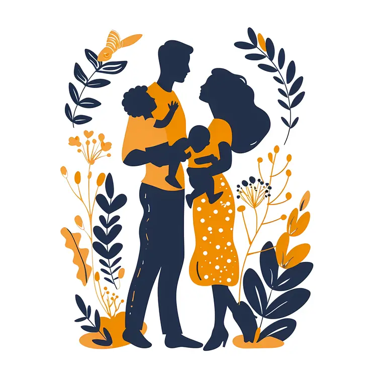 Family with Two Children in Floral Nature