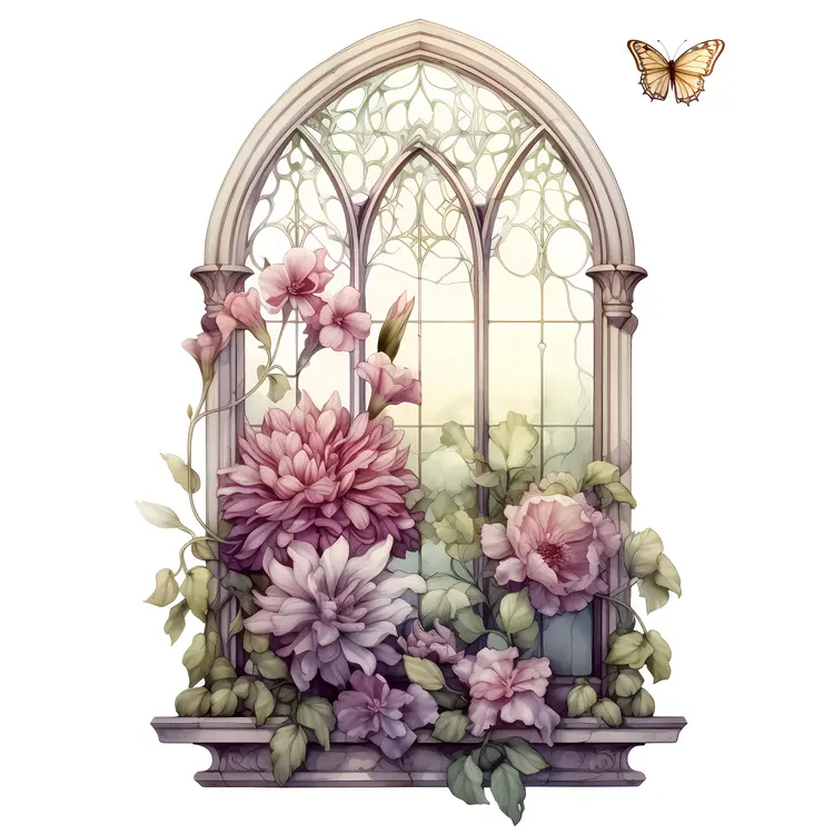 Flowers and Butterfly by a Window