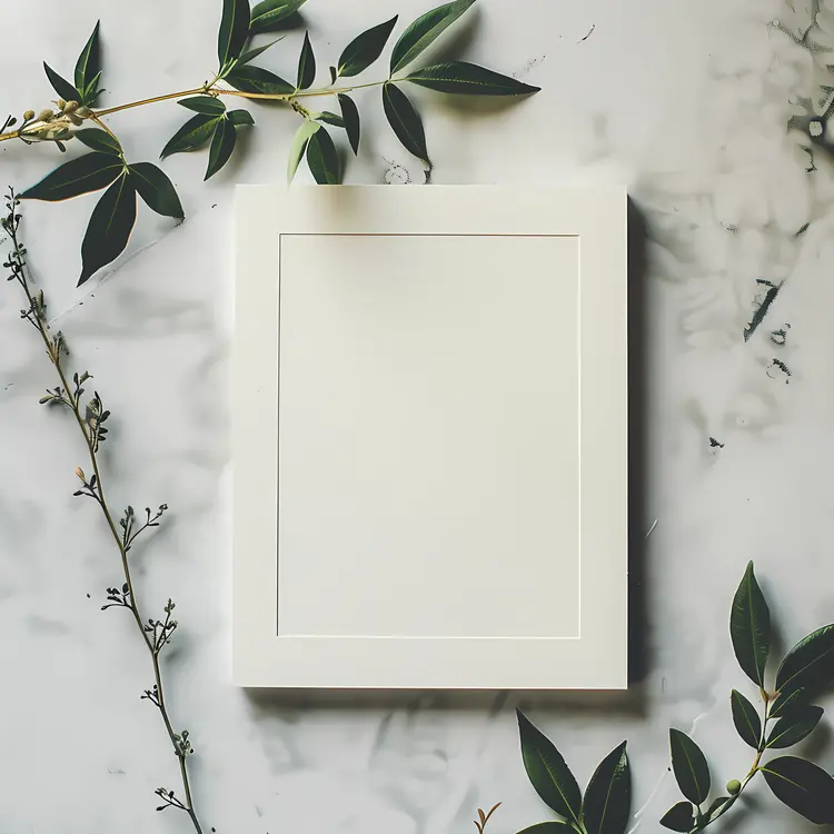 White Photo Frame with Greenery on Marble Background