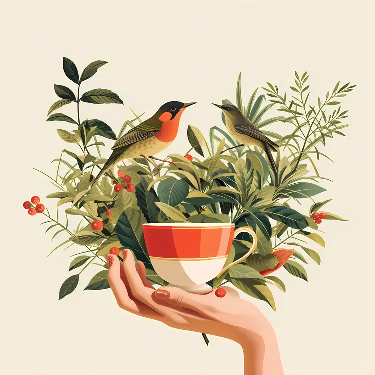 Birds with Teacup and Leaves in Hand
