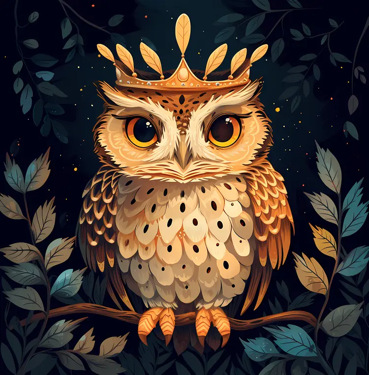 Golden Owl with Crown in Forest