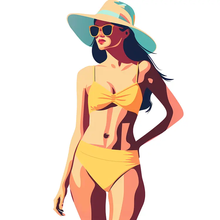 Stylish Woman in Yellow Bikini and Hat