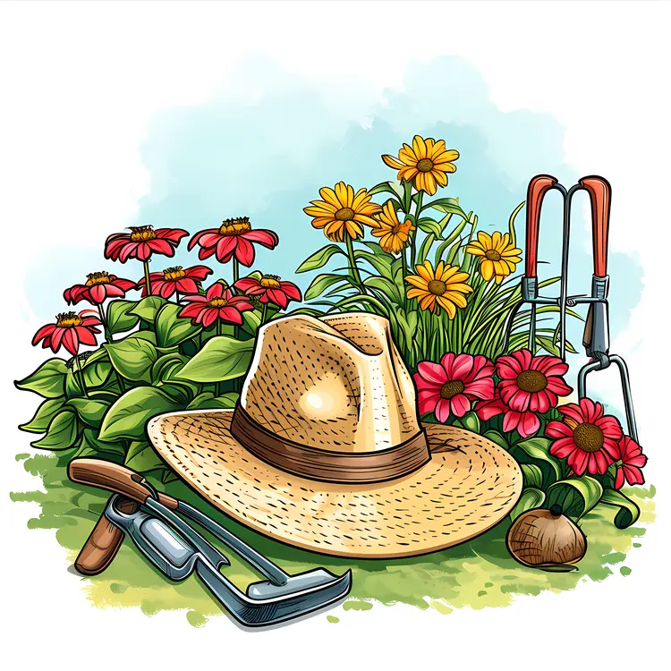 Gardening Tools and Colorful Flowers with Straw Hat