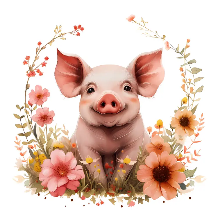 Smiling Piglet Surrounded by Blossoms