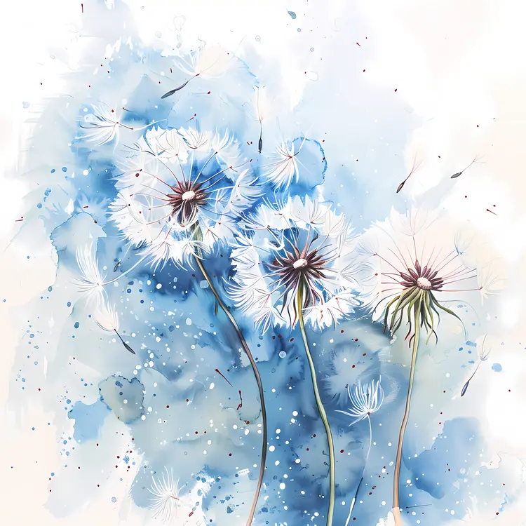 Watercolor Dandelion Flowers on Blue Background