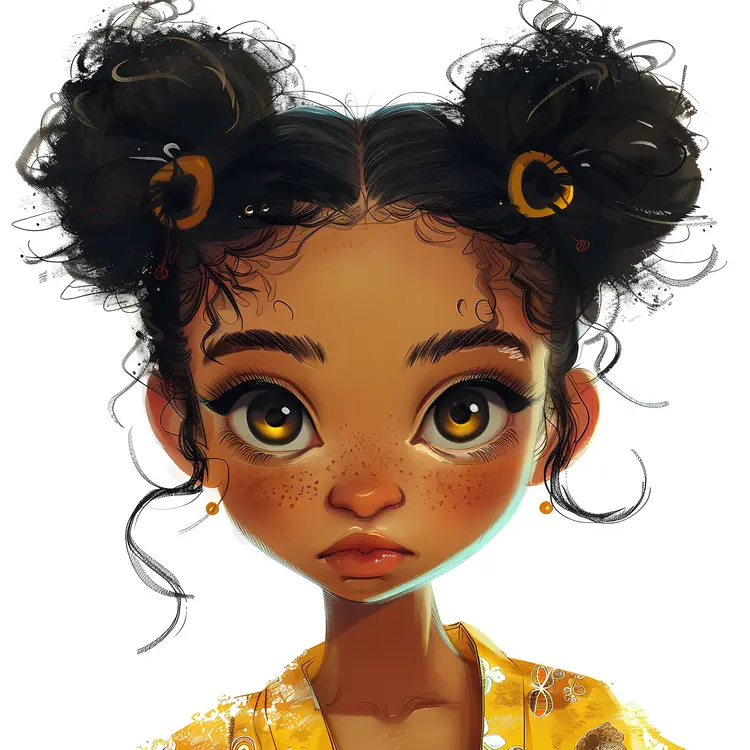 Cute Girl with Buns and Curly Hair