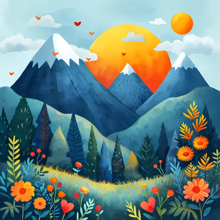 Colorful Flowers and Mountains in Sunset