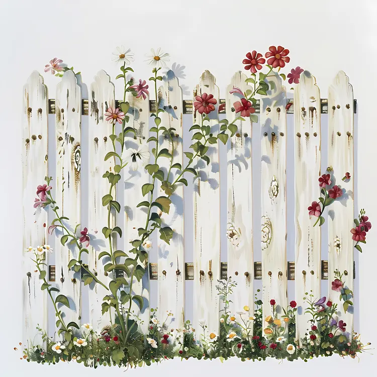 Red and Pink Flowers on White Fence