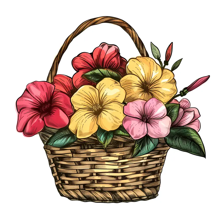 Hand-Drawn Flower Basket with Hibiscus Flowers