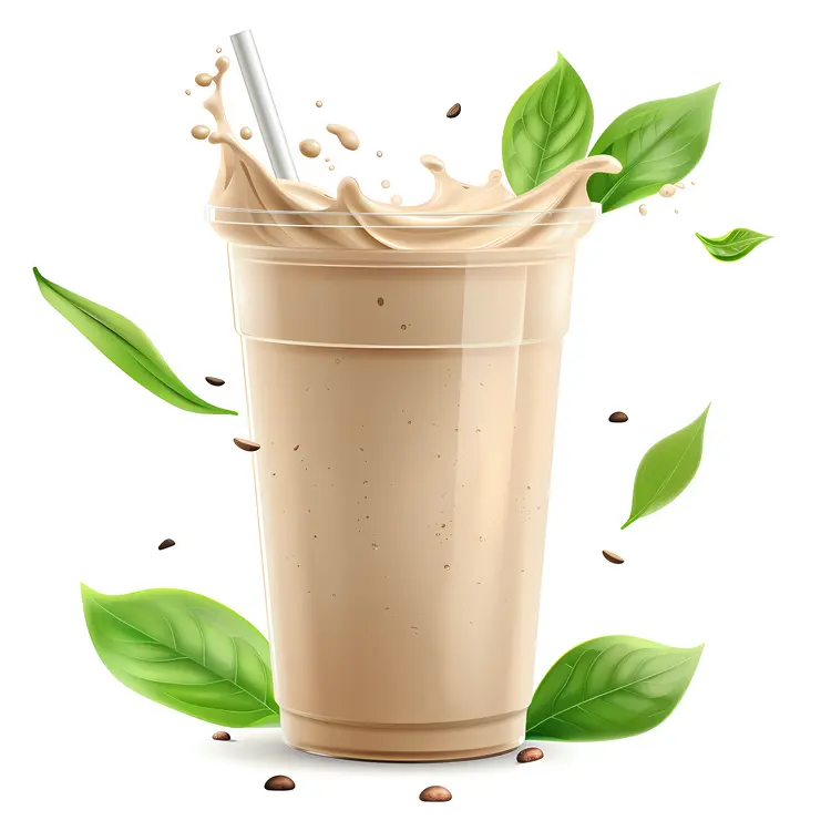 Brown Smoothie with Leaves in Plastic Cup