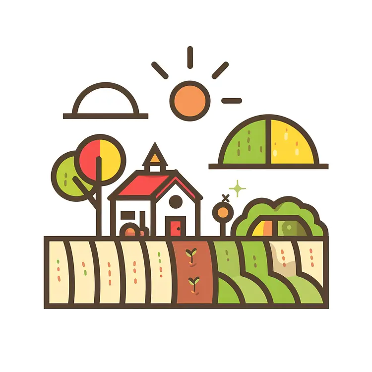 Farmhouse with Fields and Sun