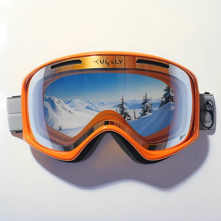 Orange Ski Goggles with Mountain Reflection