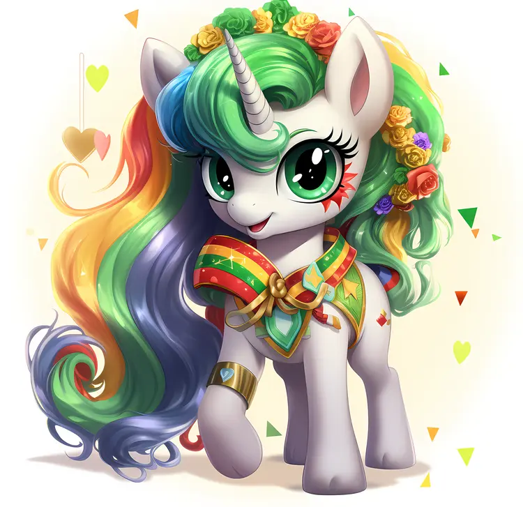 Colorful Rainbow-haired Unicorn with Floral Decorations