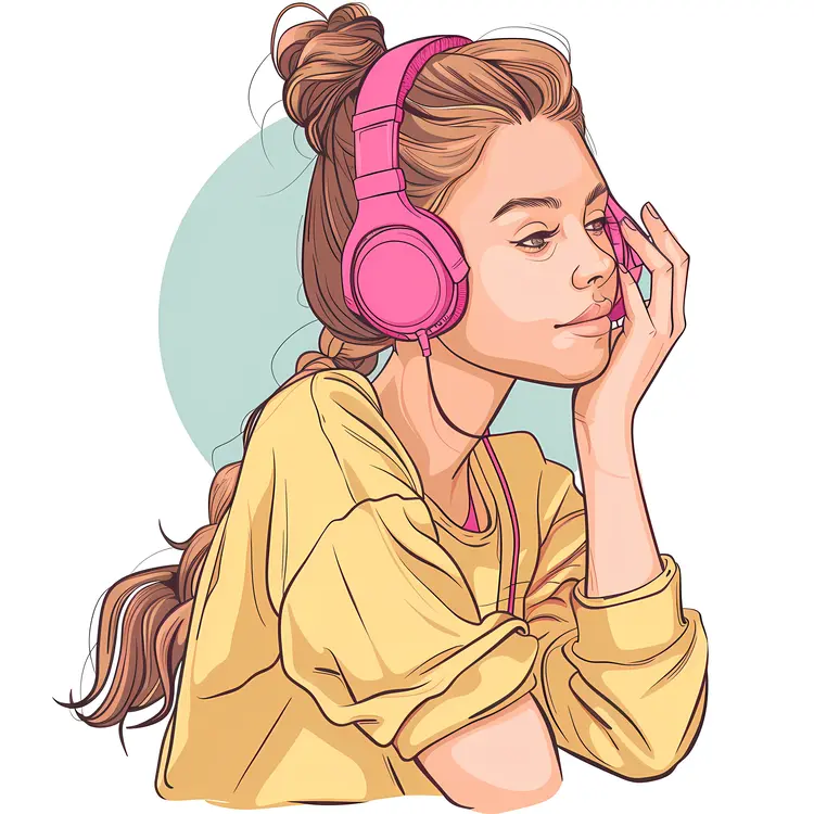 Girl with Pink Headphones Listening to Music