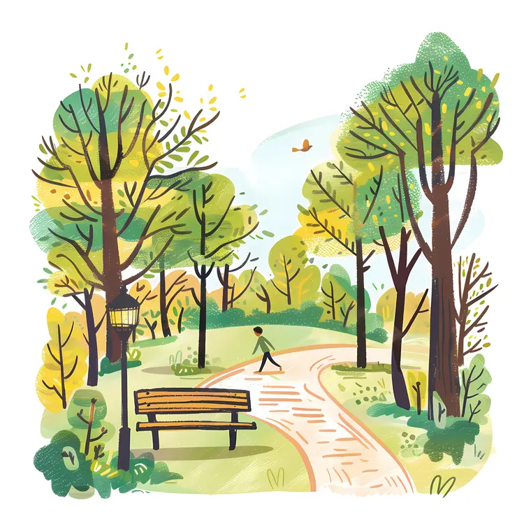 Park with Bench and Walking Path
