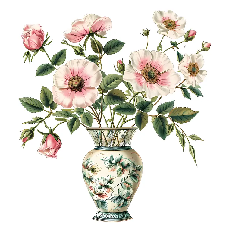 Vase of Pink Flowers with Ornate Vase