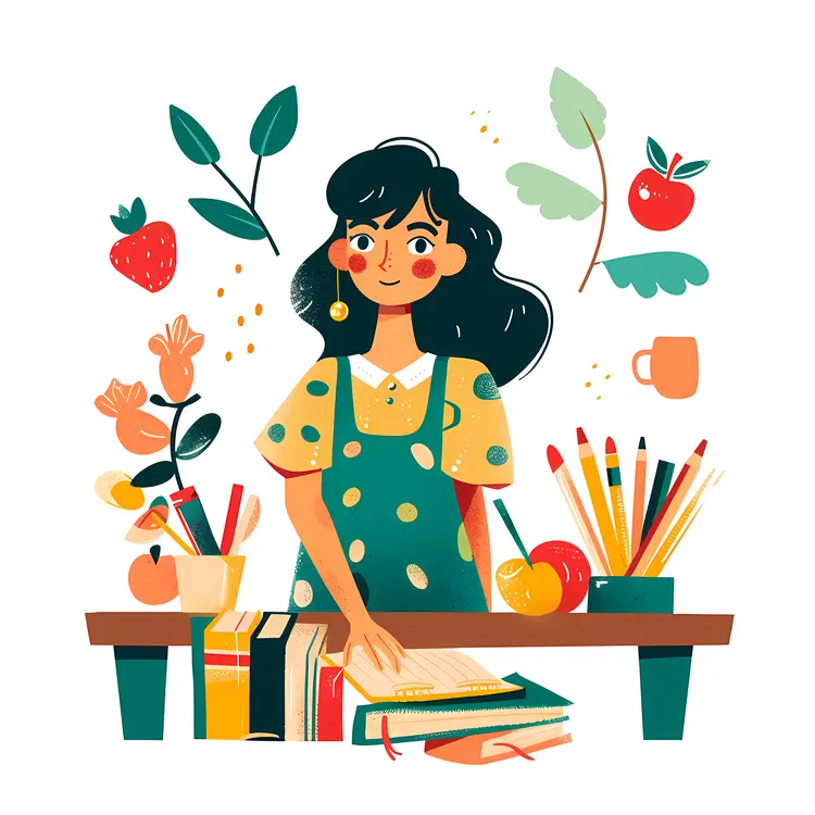 Cartoon Girl with Books and Plants