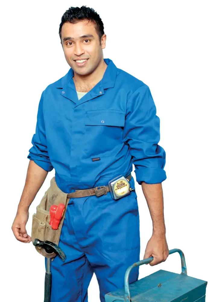Smiling Worker in Blue Uniform with Toolbox