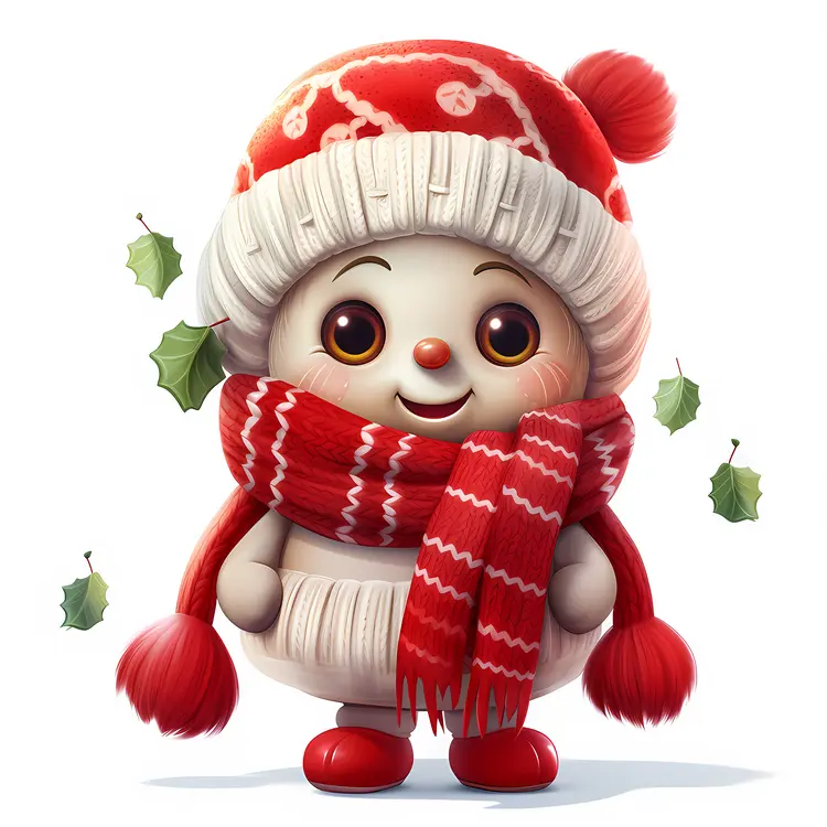 Cute Snowman with Red Hat and Scarf
