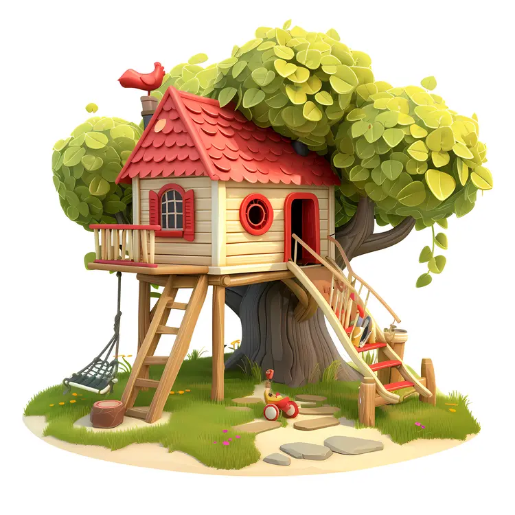 Treehouse with Red Roof and Swing