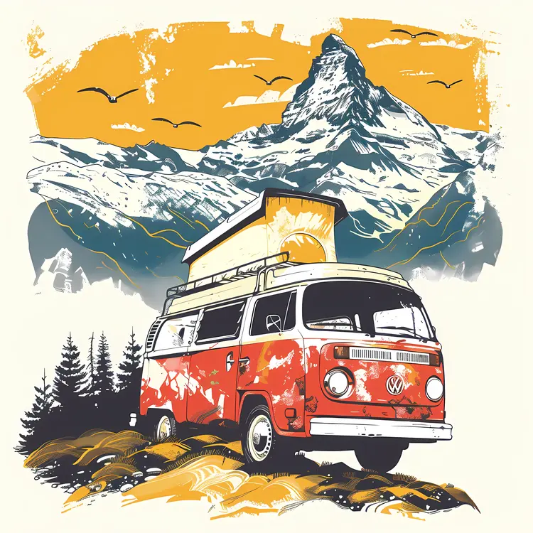 Red Van in Mountain Landscape