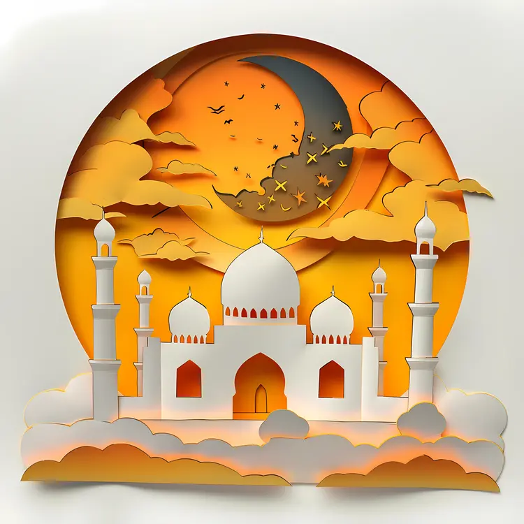 White Mosque with Crescent Moon and Stars in Paper Art Style