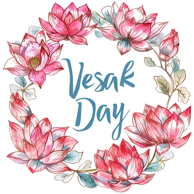 Pink Lotus Flowers in Watercolor Wreath for Vesak Day