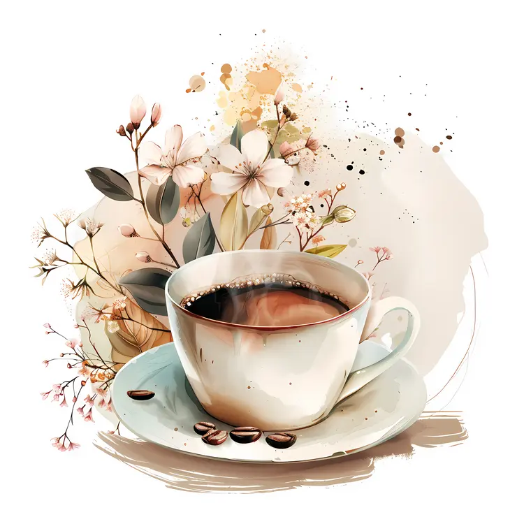 Coffee cup with flowers and coffee beans
