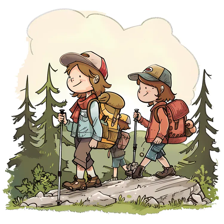 Hikers in Forest in Cartoon Style
