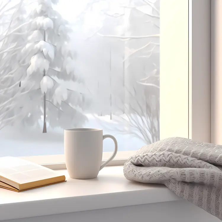 White Mug with Blanket and Book by Snowy Window