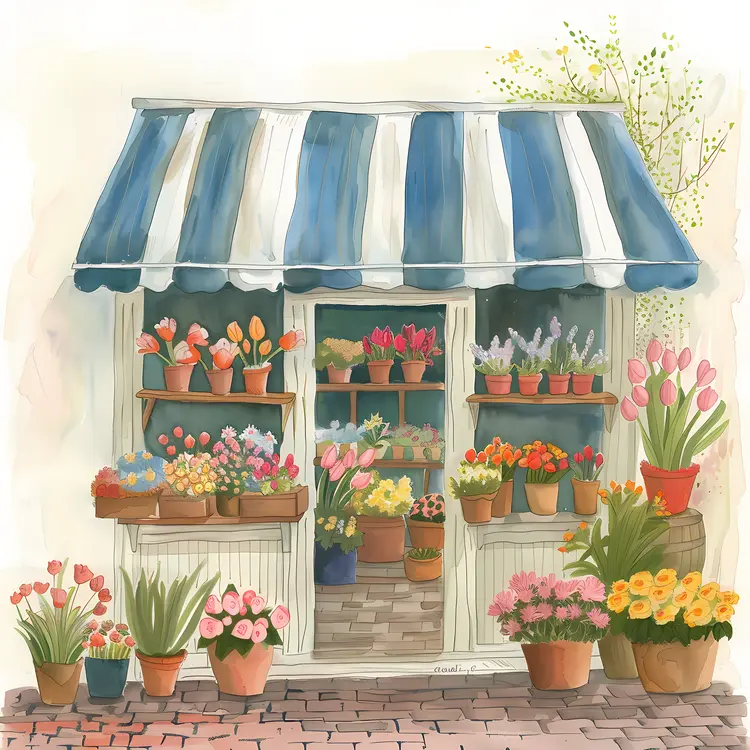 Watercolor Flower Shop with Blue Awning