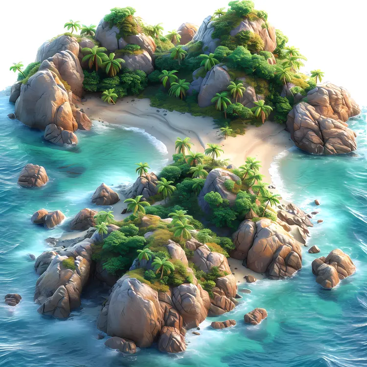 Small Tropical Island with Palm Trees and Rocks