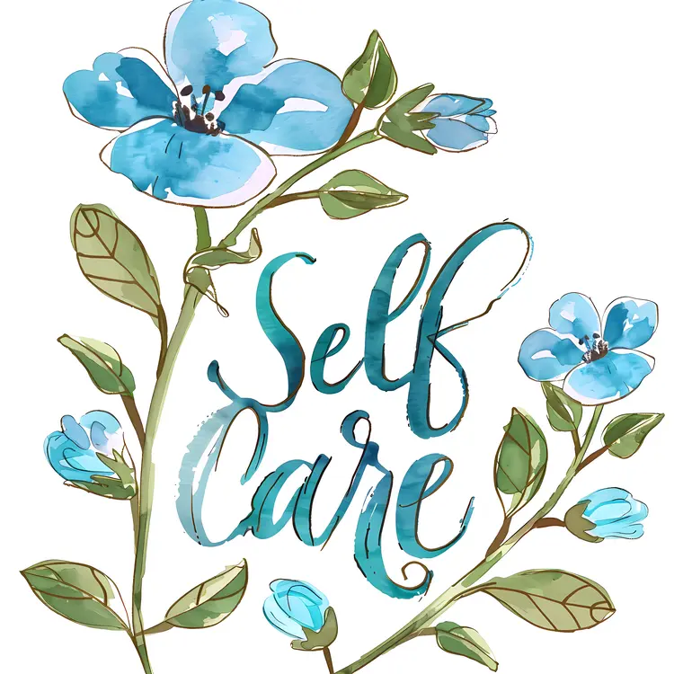 Self Care Heart Illustration with Blue Flowers