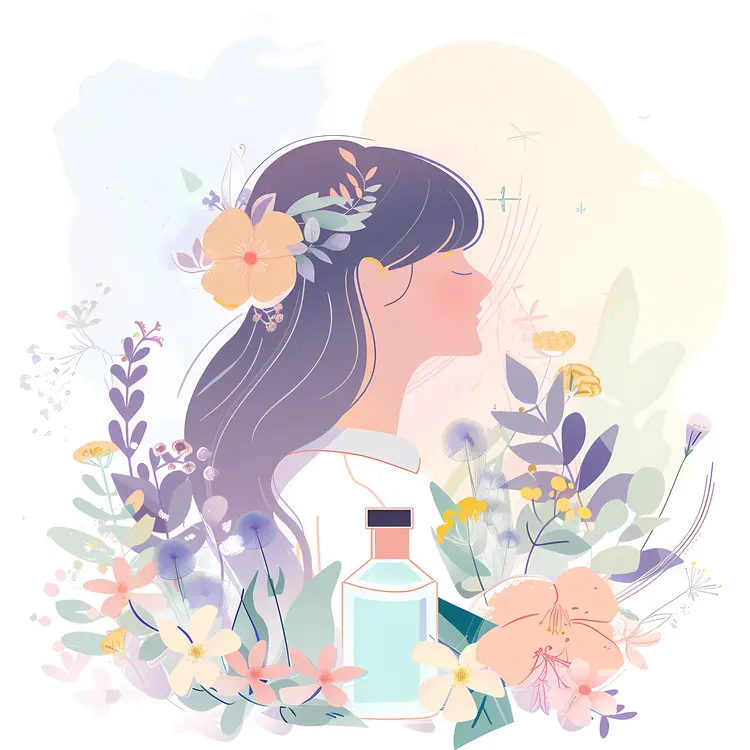 Woman with Perfume Bottle Surrounded by Flowers