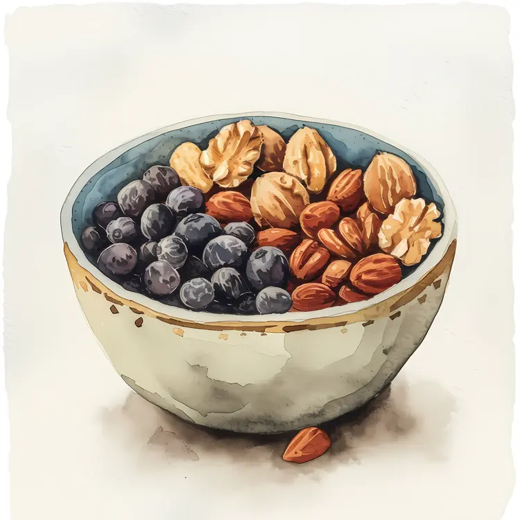 Watercolor of Mixed Nuts and Dried Fruits in a Bowl