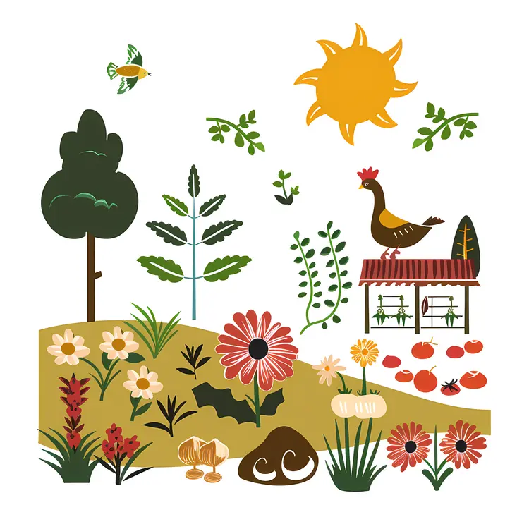 Farm Elements with Chickens and Plants