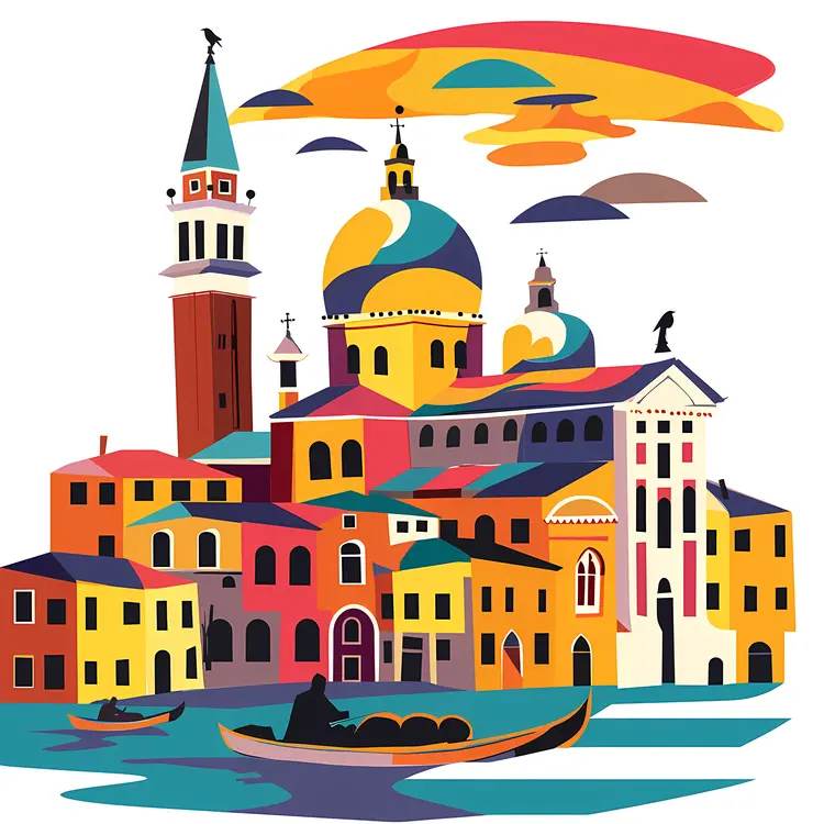 Colorful Venetian Gondolas and Architecture